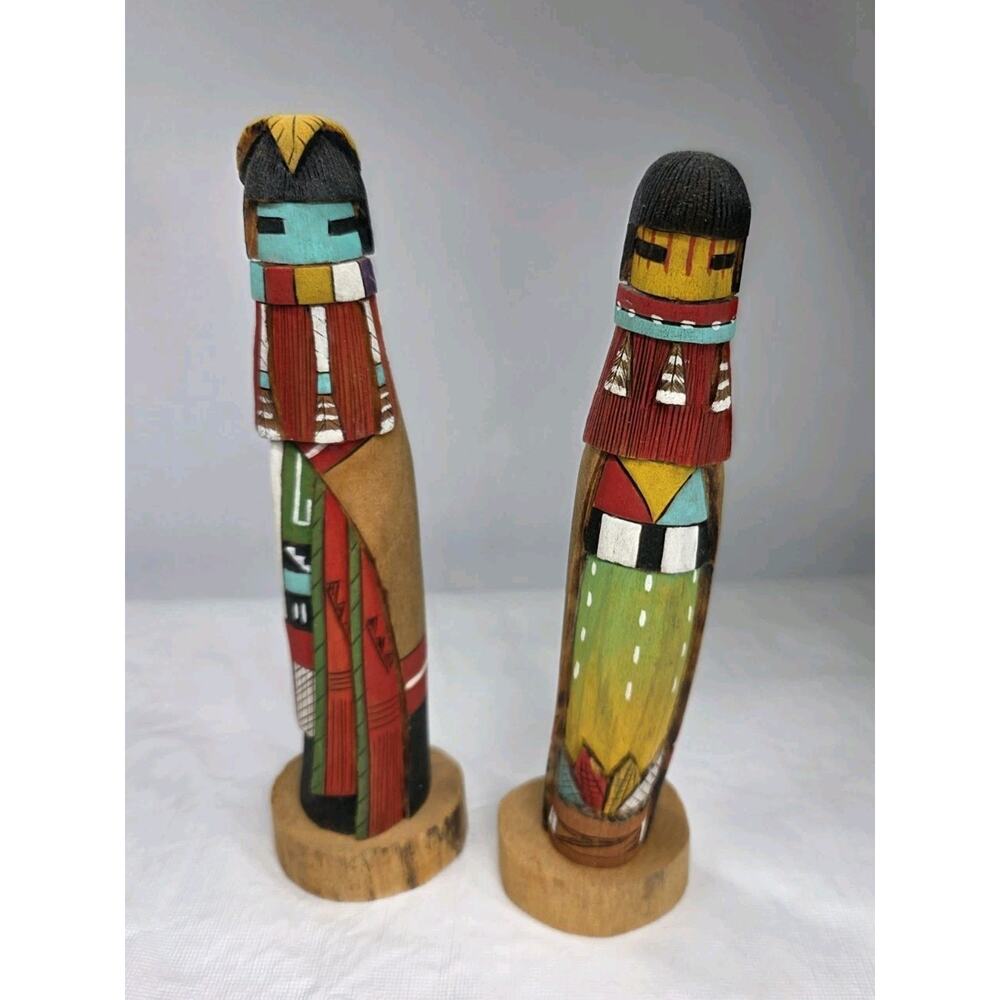 Hopi Native American Kachina Dolls Hand Painted RARE Carving Signed Set Of 2